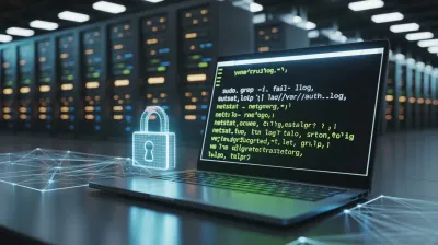 Portátil con comandos de auditoría de seguridad y candado holográfico frente a racks de servidores