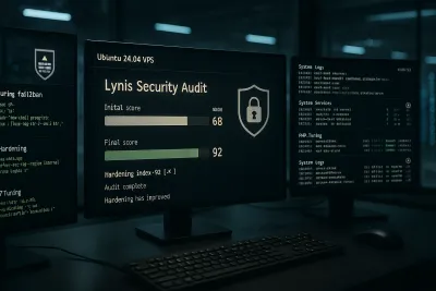 Monitores en sala de servidores mostrando auditoría Lynis con puntuación inicial 68 y final 92 en VPS Ubuntu 24.04