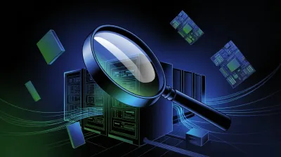 Ilustración de lupa gigante inspeccionando racks de servidores con componentes flotando al fondo