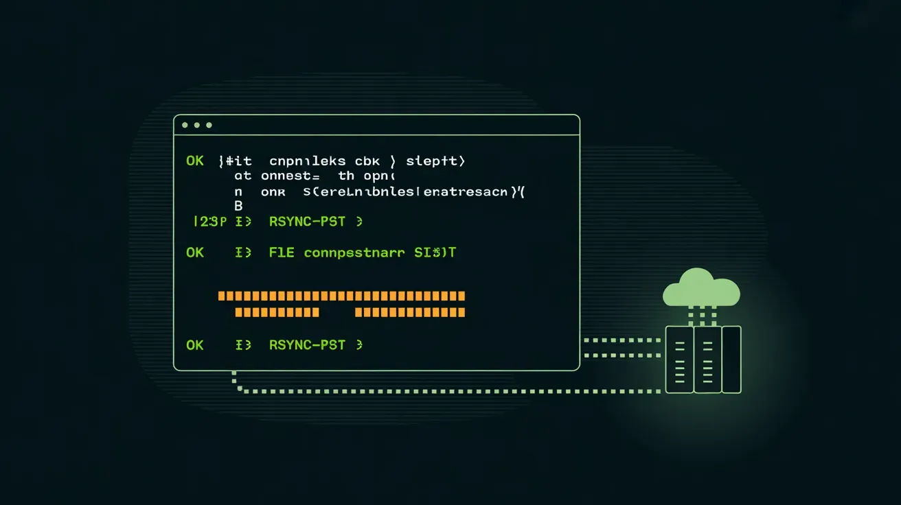 Terminal mostrando la ejecución de un script de backup con salida de rsync hacia el Storage Box de Hetzner
