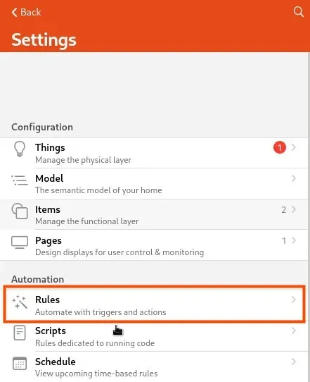 Menú de reglas en OpenHAB 3