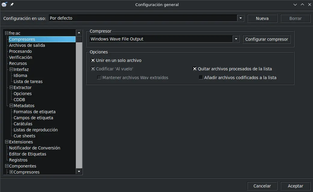 Configuración del compresor Windows Wave File Output en fre:ac con formato PCM 16-bit 44.1kHz estéreo sin compresión