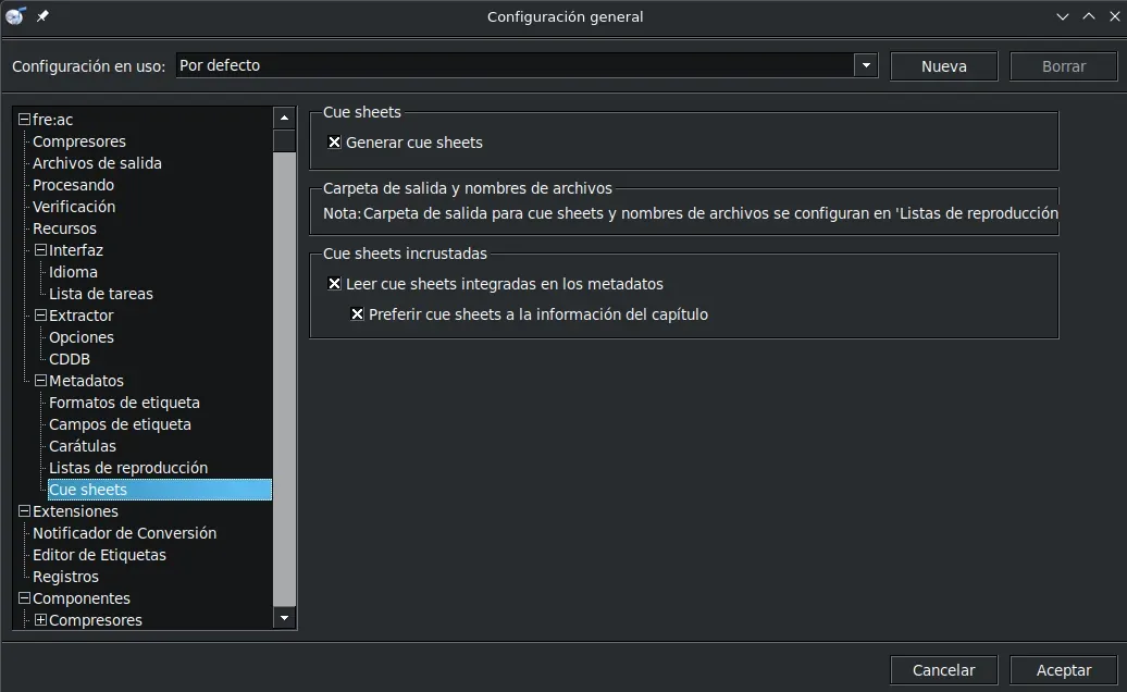 Configuración de cue sheets en fre:ac: generación activada con opción de leer cue sheets integradas en metadatos