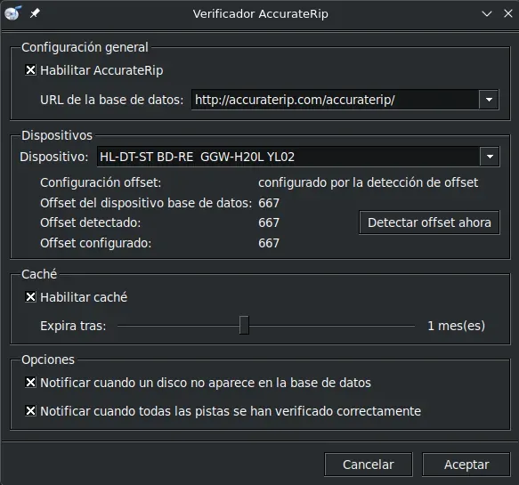 Ventana de configuración de AccurateRip mostrando offset detectado automáticamente para el lector HL-DT-ST