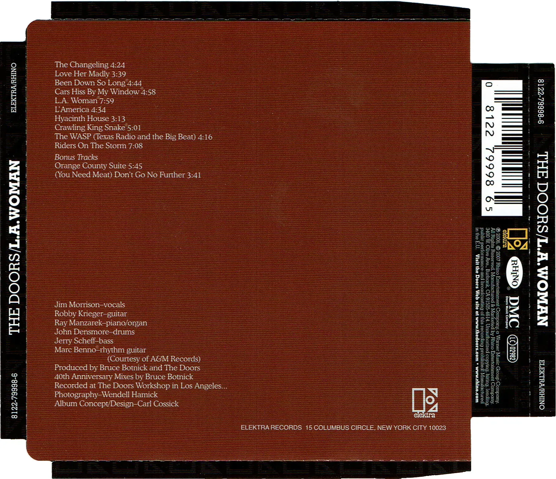 Contraportada del álbum L.A. Woman de The Doors con listado de canciones y código de barras
