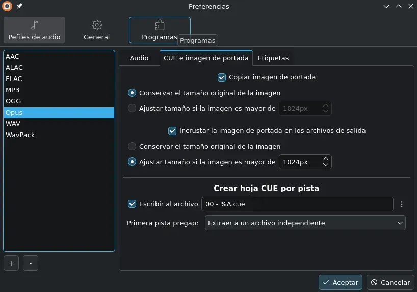 Configuración de CUE y portada