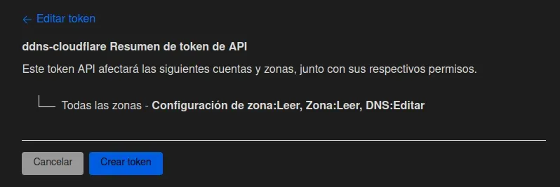 Resumen del token creado