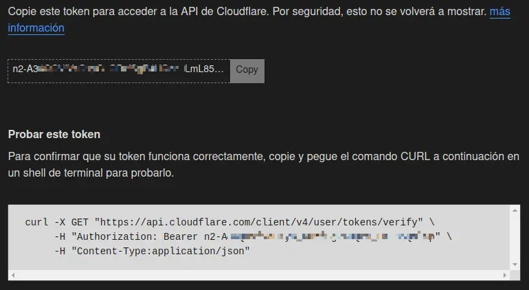 Token creado, hay que copiarlo y guardarlo