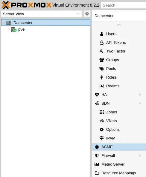 Sección ACME en el nodo Datacenter de Proxmox