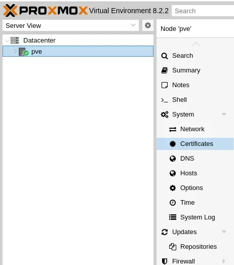 Sección de certificados en el nodo Proxmox VE