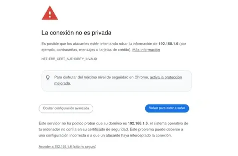 Mensaje de advertencia: la conexión no es privada