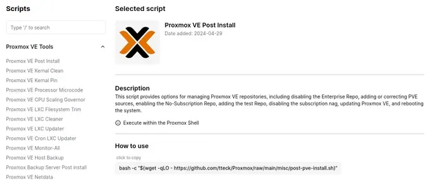Copia el comando de Proxmox VE Post Install