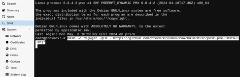 Pega el comando en la consola de Proxmox