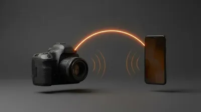 Cámara sin espejo negra y un móvil flotando sobre fondo gris oscuro, unidos por un arco de luz naranja que representa la conexión inalámbrica