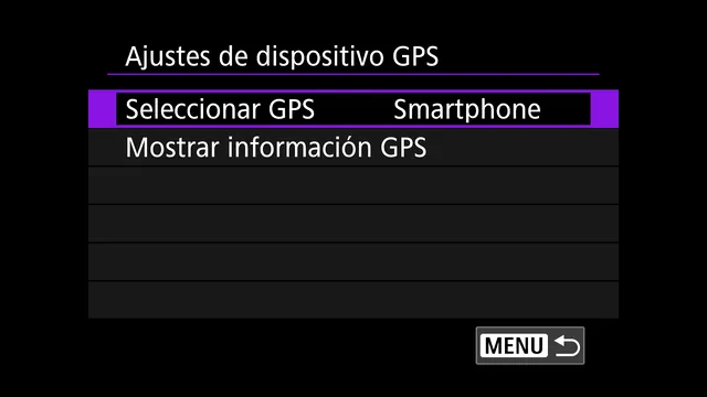 Menú 'Ajustes de dispositivo GPS' de la Canon R7 con 'Seleccionar GPS' en Smartphone, para que la cámara tome la ubicación del móvil
