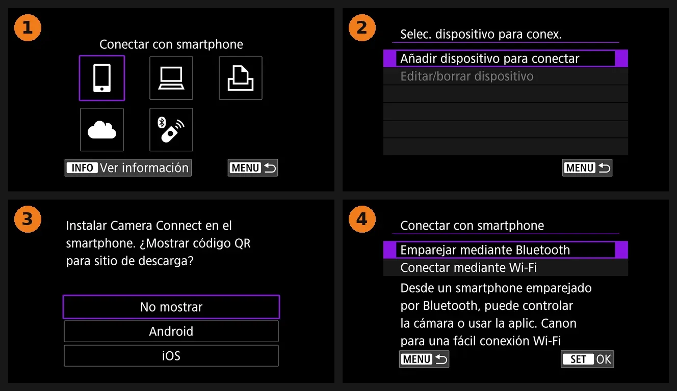 Cuatro pantallas de la Canon R7 al empezar el emparejamiento: 1, menú Conectar con smartphone con el icono del móvil seleccionado; 2, «Añadir dispositivo para conectar»; 3, pregunta del código QR de descarga de Camera Connect con «No mostrar» seleccionado; 4, «Emparejar mediante Bluetooth»