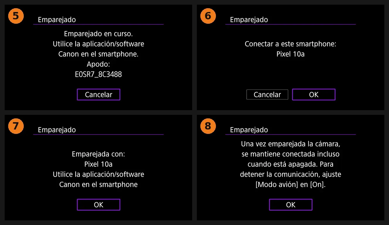 Cuatro pantallas de la Canon R7 al terminar el emparejamiento: 5, emparejado en curso con el apodo de la cámara; 6, confirmación para conectar con el móvil; 7, cámara emparejada con el móvil; 8, aviso de que la conexión se mantiene con la cámara apagada salvo que se active el modo avión
