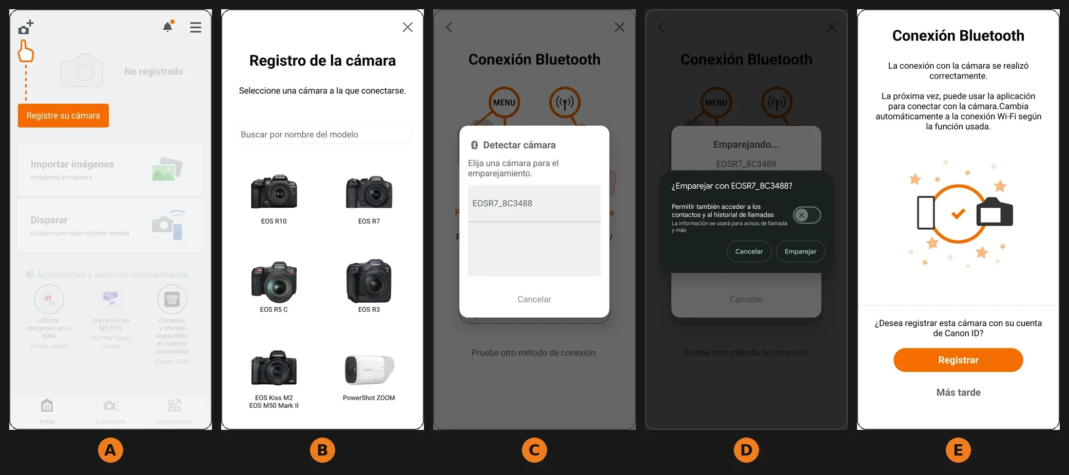 Cinco pantallas de la app Camera Connect en el móvil durante el emparejamiento: A, pantalla inicial con el botón «Registre su cámara»; B, selección del modelo EOS R7; C, la app detecta la cámara por su apodo; D, Android pide confirmar el emparejamiento, con el acceso a contactos desactivado; E, conexión Bluetooth completada y oferta de registrar la cámara con una cuenta Canon ID