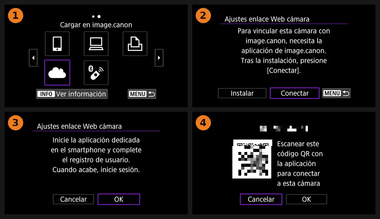 Cuatro pantallas de la Canon R7 al vincularla con image.canon: 1, icono de la nube en el menú de conexiones; 2, aviso de que hace falta la app de image.canon, con el botón Conectar; 3, instrucción de iniciar la app en el móvil; 4, código QR para escanear con la app, pixelado