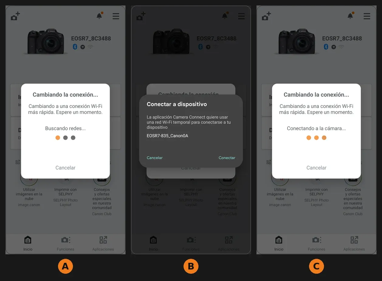 Tres pantallas de Camera Connect al pasar de Bluetooth a Wi-Fi: A, la app busca la red de la cámara; B, Android pide permiso para usar la red Wi-Fi temporal que crea la cámara; C, la app se conecta a la cámara