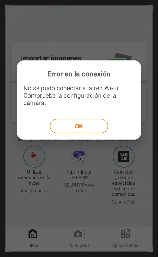 Mensaje de error de Camera Connect: «No se pudo conectar a la red Wi-Fi. Compruebe la configuración de la cámara»
