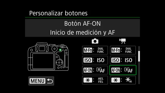 Pantalla de la Canon R7 con la personalización de botones, mostrando el botón trasero AF-ON asignado únicamente a la función de enfoque