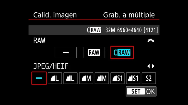 Pantalla de calidad de imagen de la Canon R7 con CRAW seleccionado, sin JPEG/HEIF, a 32 megapíxeles (6960×4640) y con la grabación múltiple activa
