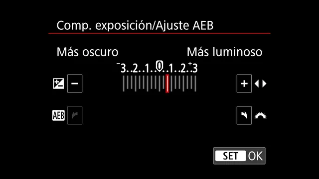 Pantalla de compensación de exposición y ajuste AEB de la Canon R7, con la compensación en +2/3 para exponer a la derecha y el AEB desactivado