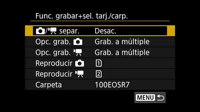 Menú «Func. grabar+sel. tarj./carp.» de la Canon R7 con la grabación de fotos y de vídeo en «Grab. a múltiple», para que cada archivo se guarde en las dos tarjetas