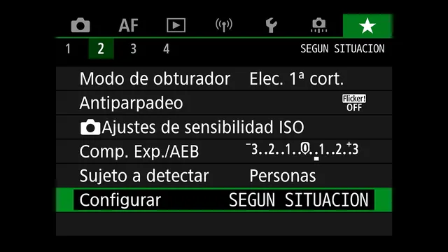 Pestaña 2 de Mi menú en la Canon R7, llamada «SEGUN SITUACION», con modo de obturador en 1.ª cortinilla electrónica, antiparpadeo desactivado, ajustes de sensibilidad ISO, compensación de exposición/AEB y sujeto a detectar en Personas