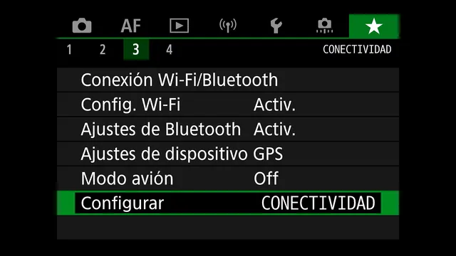 Pestaña 3 de Mi menú en la Canon R7, llamada «CONECTIVIDAD», con conexión Wi-Fi/Bluetooth, configuración Wi-Fi activada, ajustes de Bluetooth activados, ajustes de dispositivo GPS y modo avión desactivado