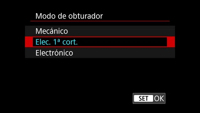 Menú «Modo de obturador» de la Canon R7 con las opciones Mecánico, Elec. 1ª cort. y Electrónico, con la primera cortinilla electrónica seleccionada
