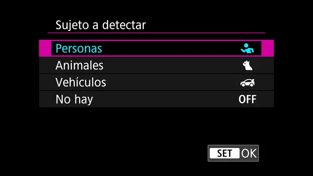 Menú «Sujeto a detectar» de la Canon R7 con las opciones Personas, Animales, Vehículos y No hay, con Personas seleccionada