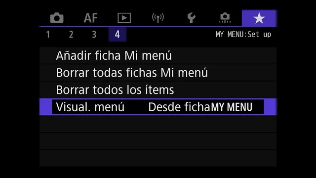 Pantalla de ajustes de Mi menú en la Canon R7, con la opción «Visual. menú» marcada y su valor actual «Desde ficha [MY MENU]»