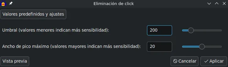 Audacity: eliminación de click Diálogo de eliminación de click