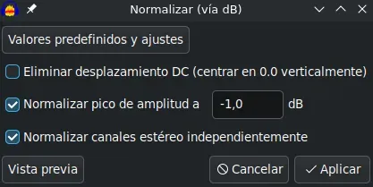 Audacity: normalización a -1.0 dB con canales independientes Diálogo de normalización de Audacity configurado para normalizar picos a -1.0 dB con canales estéreo independientes