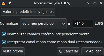 Audacity: normalización LUFS -14.0 con canales independientes Diálogo de normalización de sonoridad en Audacity configurado para -14.0 LUFS con volumen percibido y canales estéreo independientes