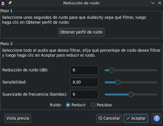 Audacity: reducción de ruido Diálogo de reducción de ruido en Audacity