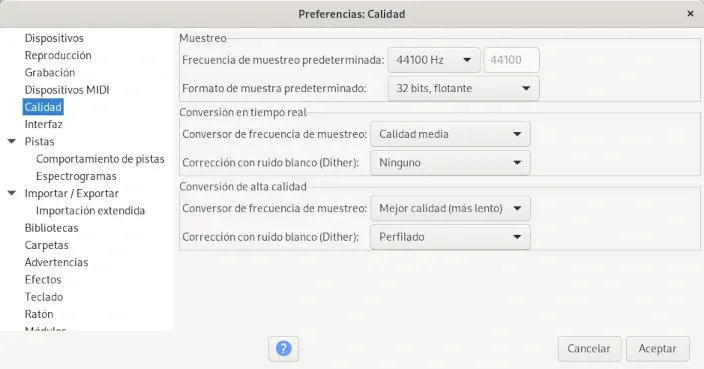 Preferencias de Audacity