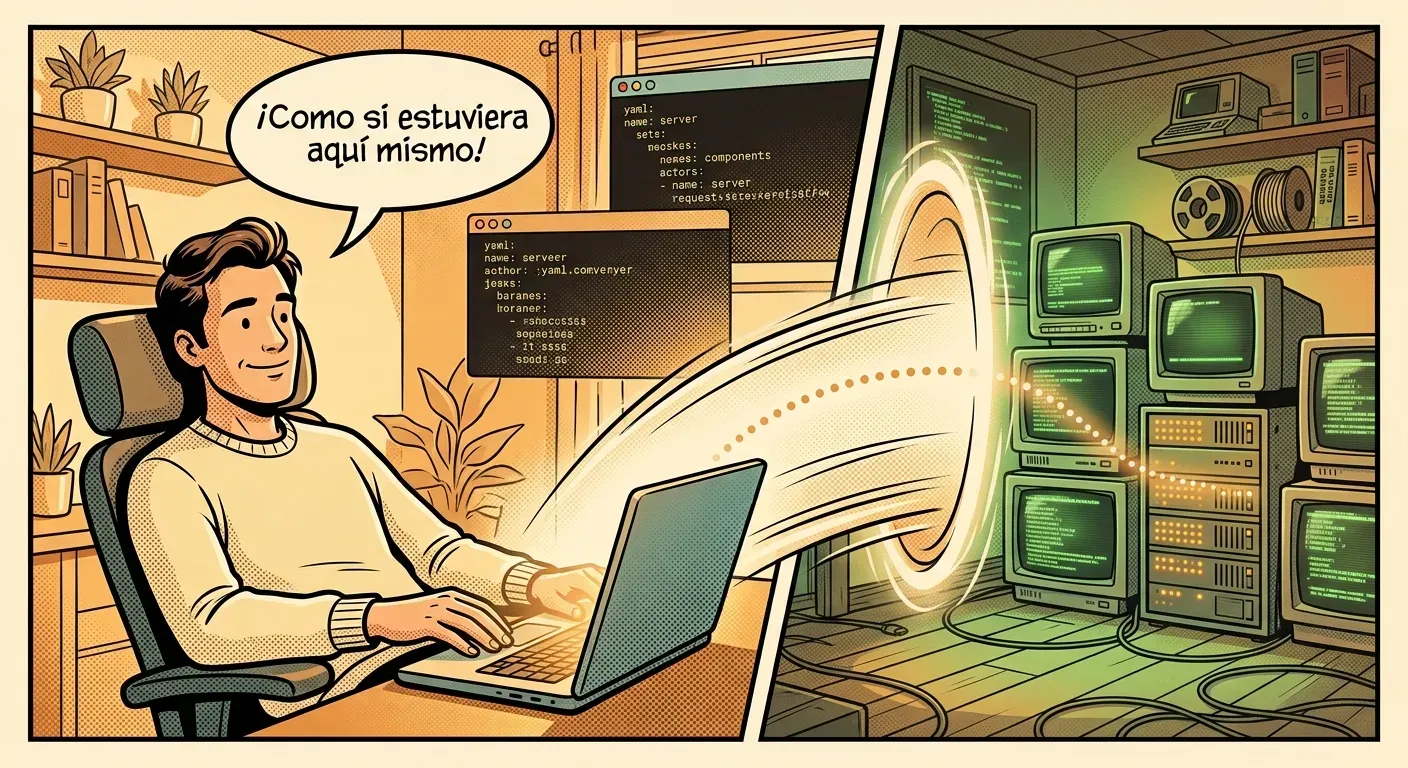Editor de código conectado por SSH a un servidor remoto mostrando un fichero YAML