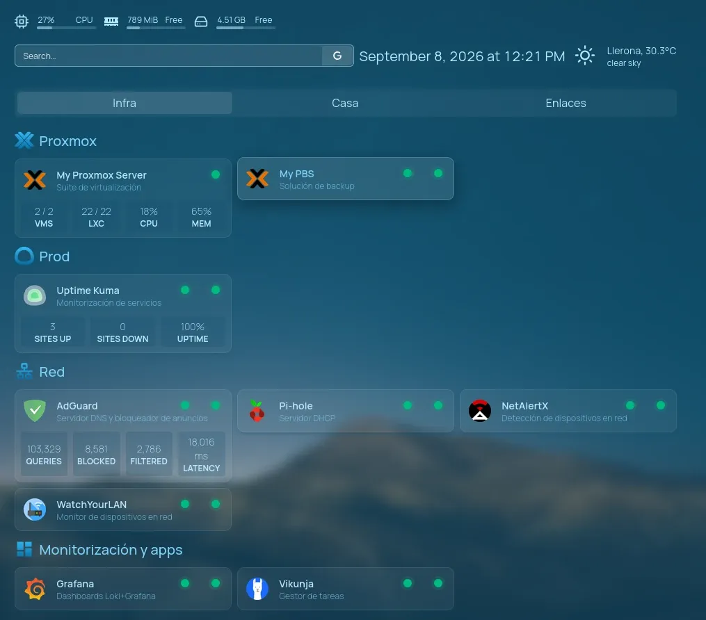 Dashboard de Homepage mostrando las tarjetas de servicios del homelab organizadas por categorías