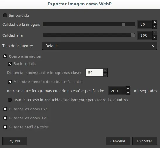 Exportar como WEBP animado en GIMP