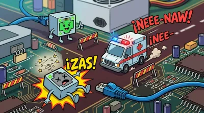Ilustración cómica de dos puertos Ethernet con cara: uno desmayado en el suelo tras fallar el driver r8169, y otro sano y saludando, mientras una ambulancia en miniatura llega a toda velocidad sobre una placa base.