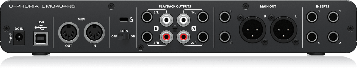 Panel trasero de la interfaz Behringer UMC404HD mostrando salidas MAIN OUT A y B con conectores Jack balanceados, entrada MIDI IN/OUT, puerto USB-B y conexión de alimentación