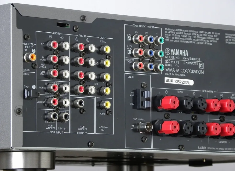 Panel trasero del receptor Yamaha RX-V440RDS mostrando múltiples entradas RCA (CD, MD/CD-R, Phono, AUX), salidas de altavoces, conexiones de video componente y antenas AM/FM