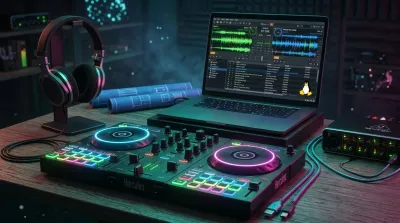 Hercules DJControl Inpulse 500 en un setup con Linux, Mixxx y una interfaz de audio, iluminado en neón cian y magenta.