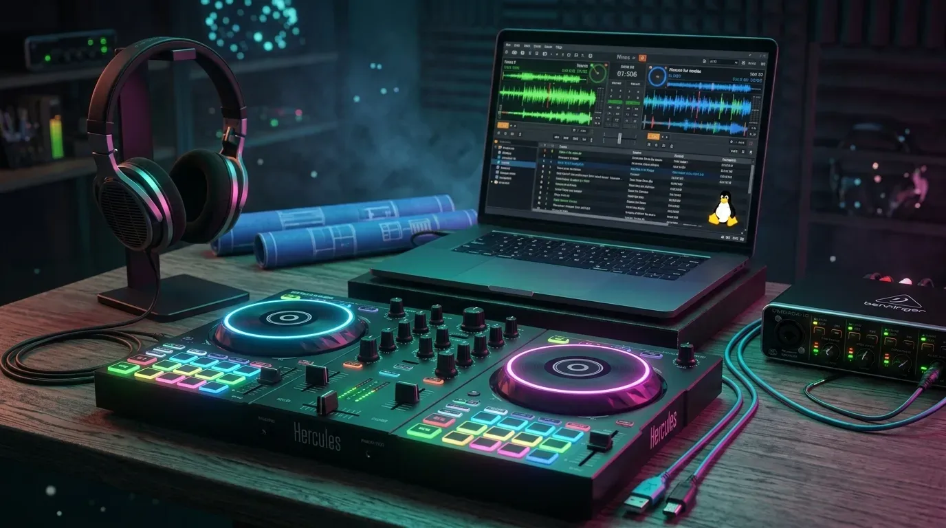 Hercules DJControl Inpulse 500 en un setup con Linux, Mixxx y una interfaz de audio, iluminado en neón cian y magenta.