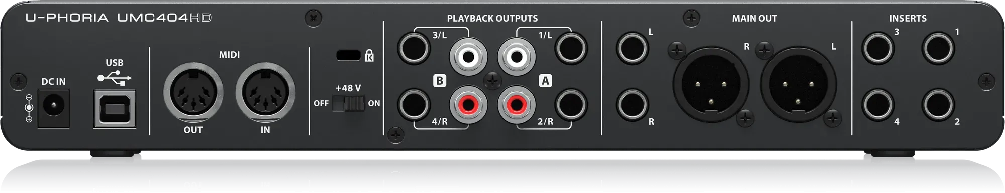 Panel trasero del Behringer UMC404HD Panel trasero del Behringer U-Phoria UMC404HD con puerto USB, entradas/salidas MIDI, salidas Main Out en XLR, Playback Outputs e inserts, para conectarlo como interfaz de audio en Linux.