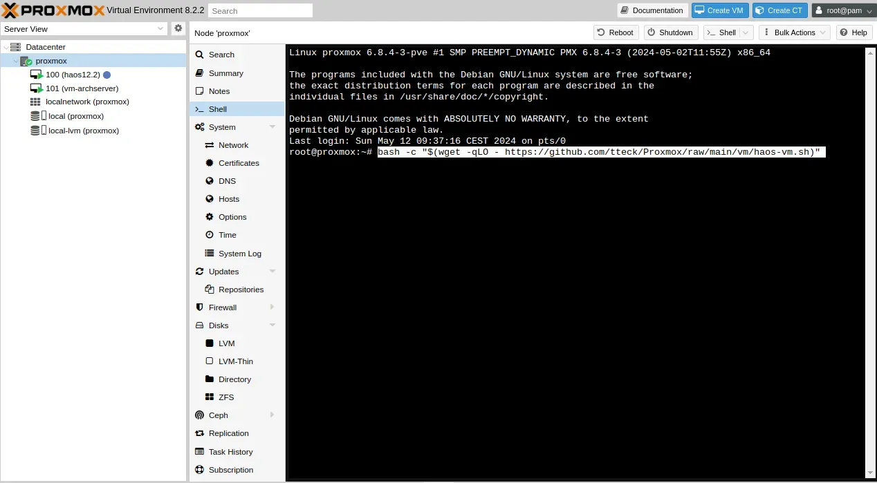 Pegamos el comando en la consola de Proxmox