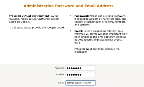 Introducimos contraseña y correo del administrador
